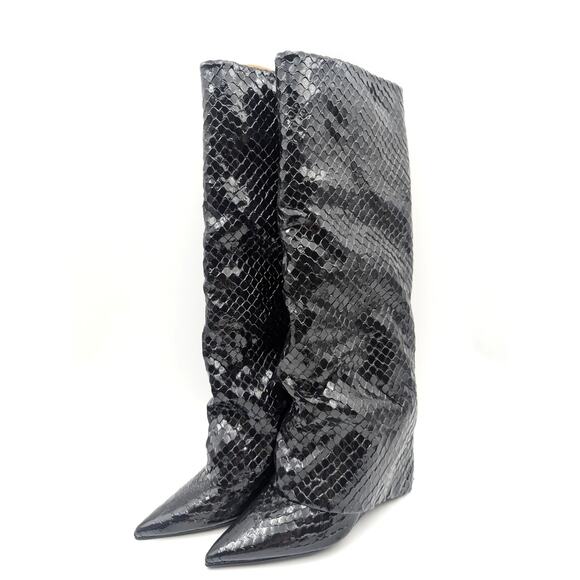 Steve Madden Paley Snake Embossed Boot Pointed Toe Women's Black Size US8M EU39 - Picture 1 of 8